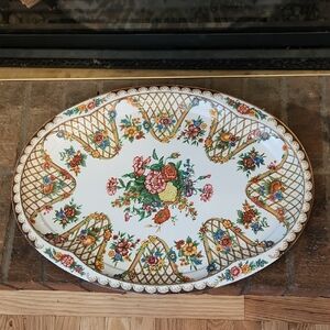 Daher Decorated Ware Vintage 1971 Tin Platter Floral Lattice Design Victorian